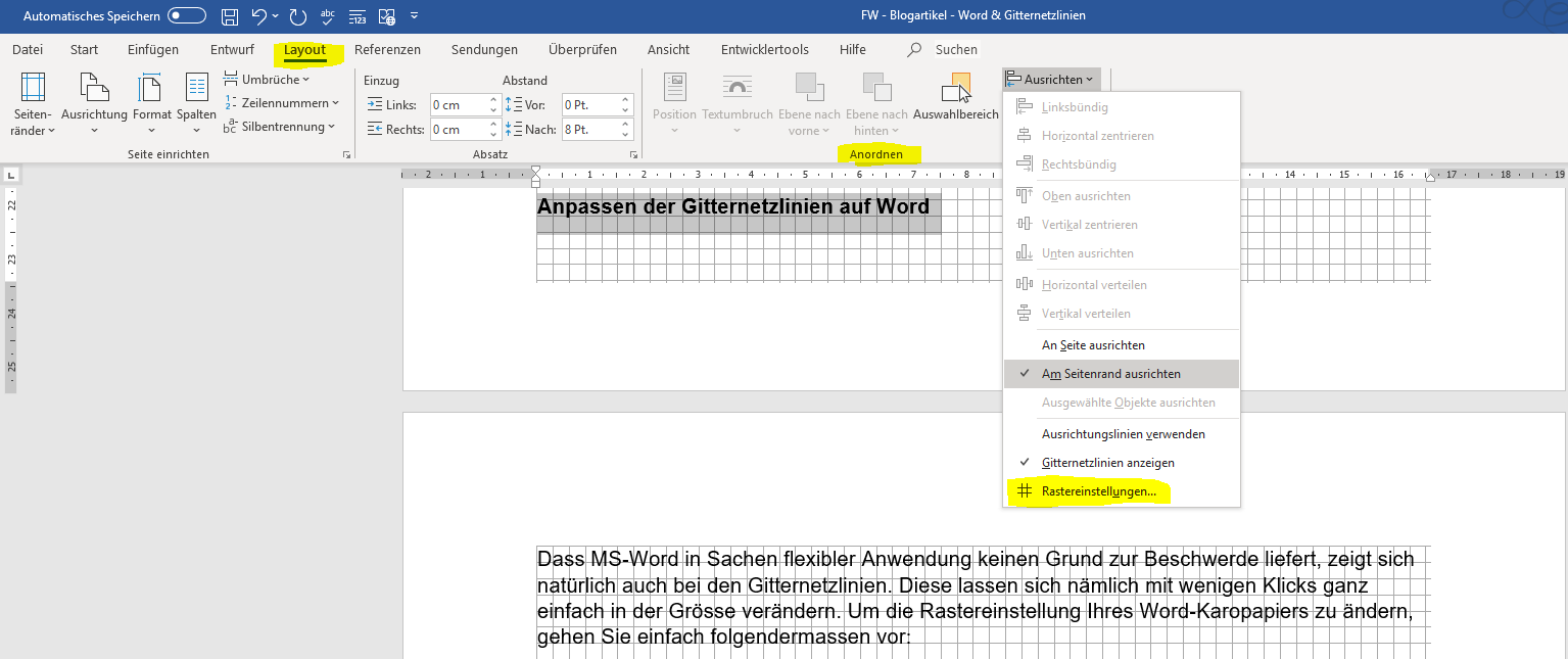 Gitternetz auf Word 2